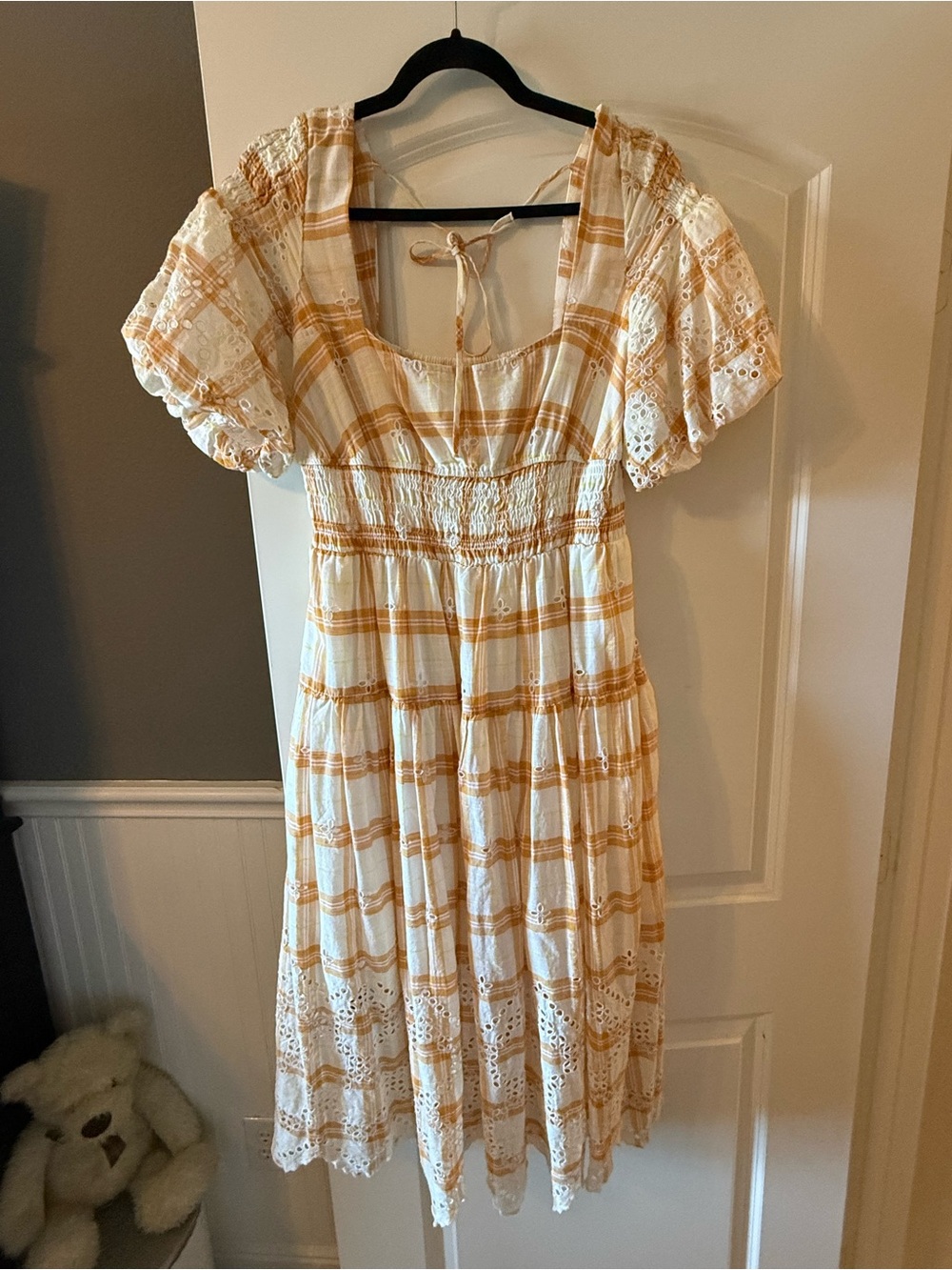 Smocked Waist Puff Sleeve Midi Dress in Cream and Mustard